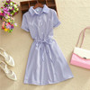 2018 Elegant Office Summer Dress Shirt Elegant Blue Stripped Cotton Turn Down Collar Wear to Work Shirts Women Dresses #BD728