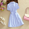 2018 Elegant Office Summer Dress Shirt Elegant Blue Stripped Cotton Turn Down Collar Wear to Work Shirts Women Dresses #BD728