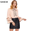 SHEIN Bow Neck Wave Lace Trim Layered Flare Sleeve Blouse Autumn Women's Top Pink Band Collar Long Sleeve Cute Blouse