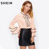 SHEIN Bow Neck Wave Lace Trim Layered Flare Sleeve Blouse Autumn Women's Top Pink Band Collar Long Sleeve Cute Blouse