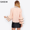 SHEIN Bow Neck Wave Lace Trim Layered Flare Sleeve Blouse Autumn Women's Top Pink Band Collar Long Sleeve Cute Blouse