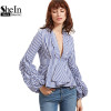 SheIn Blouse Office Lady Woman Blue Striped Deep V Neck Lantern Sleeve Box Pleated Peplum Top Womens Elegant Long Sleeve Blouse