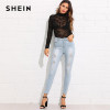 SHEIN Bleach Wash Ripped Jeans 2018 Summer Blue Mid Waist Crop Pocket Jeans Women Ripped Denim Casual Pants