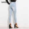 SHEIN Bleach Wash Ripped Jeans 2018 Summer Blue Mid Waist Crop Pocket Jeans Women Ripped Denim Casual Pants