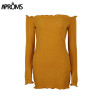 Aproms Ruffles Knitted Winter Dress Women Off Shoulder Tunic Dress Sexy Long Sleeve Bodycon Club Party Sweater Dresses Vestidos