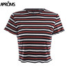Aproms Multi Stripe Blocked Stretch T-shirt Women Summer Crop Top 90s Basic Tshirt Casual Short Sleeve Ribbed T Shirt Female Top