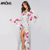 Aproms Flare Sleeve Wrap Tie Boho Long Maxi Dress Women Long Sleeve Flower Print Festival Day Dresses Female Loose Dress Vestido
