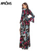 Aproms Flare Sleeve Wrap Tie Boho Long Maxi Dress Women Long Sleeve Flower Print Festival Day Dresses Female Loose Dress Vestido
