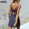 Aproms Back Tie Up Bow Summer Dress Women Sundress Elegant Linen Dress Slim Fit Bodycon White Black Soild Short Dress Vestidos