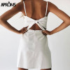 Aproms Back Tie Up Bow Summer Dress Women Sundress Elegant Linen Dress Slim Fit Bodycon White Black Soild Short Dress Vestidos