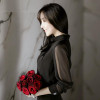 Spring Autumn OL Loose Stand Collar Chiffon Transparent Long Sleeve Simple Womens Blouses Tops Shirt Black S/M/L/XL/XXL