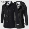 AILOOGE Winter Men Fashion Buttons Hooded Woolen Long Trench Coat Blends Men Casual Warm Handsome Woolen Long Coat Blends Trench