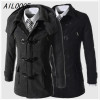 AILOOGE Winter Men Fashion Buttons Hooded Woolen Long Trench Coat Blends Men Casual Warm Handsome Woolen Long Coat Blends Trench