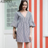 AIZHIXI Casual Plaid Dolls Dress 2017 Summer Women Sexy Backless V-neck Dress Ruffles Flare Sleeve Ladies Dresses