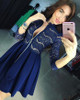2017 Spring AutumnWomens Dresses Zipper V-Neck 3/4 Sleeve Sexy Lace Pleated Dress Female Party Mini A-Line Vestidos Plus size