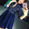 2017 Spring AutumnWomens Dresses Zipper V-Neck 3/4 Sleeve Sexy Lace Pleated Dress Female Party Mini A-Line Vestidos Plus size