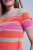 Orange Striped Open Knit Sweater Short Sleeves