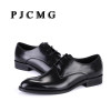 PJCMG High Quality Pointed Toe Genuine Leather Lace-Up Solid Casual Black Wedding Men Flats Buckle Oxford Dress Oxfords Shoes