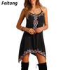 Feitong Women Dress Vintage Boho Spaghetti Strap Print Mini Dress Fashion Summer Bohemian Irregular Beach Dresses Vestidos #LY
