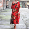 Cotton Linen Vintage Bird Flower Pint V-neck Three Quarter Sleeve Washed Women Dress Plus Size Loose 2017 New Spring Women Robe