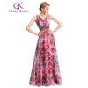 Grace Karin Floral Print Long Evening Dress 2016 Double V Neck Pattern Elegant Prom Gowns Chiffon Pleated Formal Evening Dresses