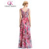 Grace Karin Floral Print Long Evening Dress 2016 Double V Neck Pattern Elegant Prom Gowns Chiffon Pleated Formal Evening Dresses