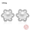 925 Sterling Silver Delicate Earrings, White Pearl &amp; Clear CZ Women Stud Earrings Wedding Pearl Jewelry