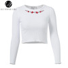 White Floral Embroidery Knitted Crop Top for Women - Autumn 2017