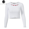 White Floral Embroidery Knitted Crop Top for Women - Autumn 2017