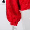 Elegant Red Lantern Sleeve Knitted Sweater for Women