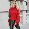 Elegant Red Lantern Sleeve Knitted Sweater for Women