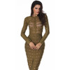 2018 New Women party Dress Bodycon Dress Long Sleeve Studded Button Olive Mesh High Neck Celebrity Sexy Bandage Dress Wholesale