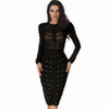 2018 New Women party Dress Bodycon Dress Long Sleeve Studded Button Olive Mesh High Neck Celebrity Sexy Bandage Dress Wholesale