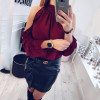 2018 New Women Fashion Open Shoulder Blouse Summer Long sleeve Ruffle Burgundy Pink Shirt Casual Loose Blouse Tops Blusas