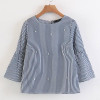 2018 New women elegant pearls beading striped shirt flare sleeve O neck Blouses ladies summer brand casual tops Tees blusas