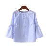 2018 New women elegant pearls beading striped shirt flare sleeve O neck Blouses ladies summer brand casual tops Tees blusas