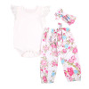 Floral Newborn Baby Girls 3PCS Outfit Set - Lace Sleeve Bodysuit, Long Pants & Headband Costume for Infants