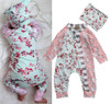 Floral Newborn Baby Girl Outfit Set - Long Sleeve Bodysuit Romper Jumpsuit with Matching Hat - 2-Piece Sunsuit Clothing Set