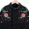 Women's Floral Embroidered Spring Bomber Jacket - Vintage Long Windbreaker Coat with Rivet Pearl Zipper Outwear