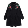 Women's Floral Embroidered Spring Bomber Jacket - Vintage Long Windbreaker Coat with Rivet Pearl Zipper Outwear