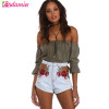 High Waisted Floral Embroidery Denim Shorts for Women - Cut Out Ripped Summer Jean Shorts with Roll Up Cuffs