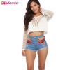 High Waisted Floral Embroidery Denim Shorts for Women - Cut Out Ripped Summer Jean Shorts with Roll Up Cuffs