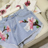 Embroidered Floral Denim Shorts for Women - Light Blue Casual Summer Jean Shorts with Flower Design