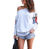 Stylish Black Floral Embroidery Sweatshirt for Women - Sexy Off-Shoulder Hollow Out Design, Casual Ripped Hoodie Tracksuit