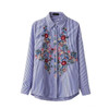Embroidered Floral Cotton Blouse for Women - Stylish Striped Long Sleeve Blue Shirt Perfect for Casual Wear - Blusa Feminina S992