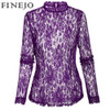 FINEJO Plus Size Sexy Slim Lace Hollow Out Black Blouse for Women - Long Sleeve Stand Collar Fashion Top