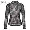 FINEJO Plus Size Sexy Slim Lace Hollow Out Black Blouse for Women - Long Sleeve Stand Collar Fashion Top