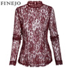 FINEJO Plus Size Sexy Slim Lace Hollow Out Black Blouse for Women - Long Sleeve Stand Collar Fashion Top