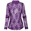 FINEJO Plus Size Sexy Slim Lace Hollow Out Black Blouse for Women - Long Sleeve Stand Collar Fashion Top