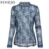 FINEJO Plus Size Sexy Slim Lace Hollow Out Black Blouse for Women - Long Sleeve Stand Collar Fashion Top